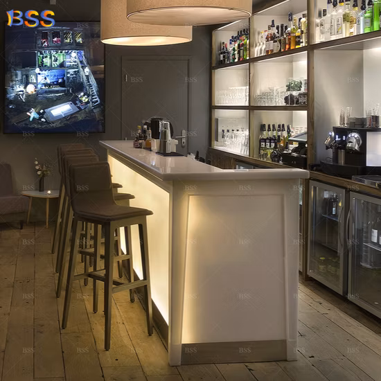 Innovadora mesa de bar larga LED Mesa de bar moderna Barra de bar con respaldo alto