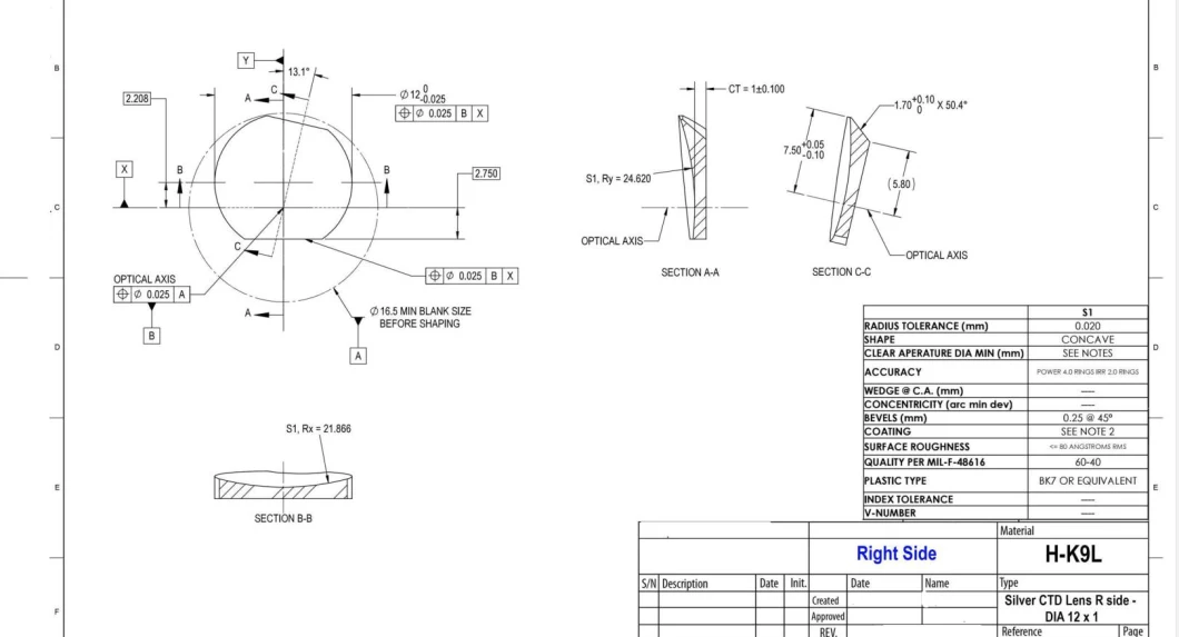 Optical Lens Spherical Singlet Lens Achromatic Lens Cylindrical Lens