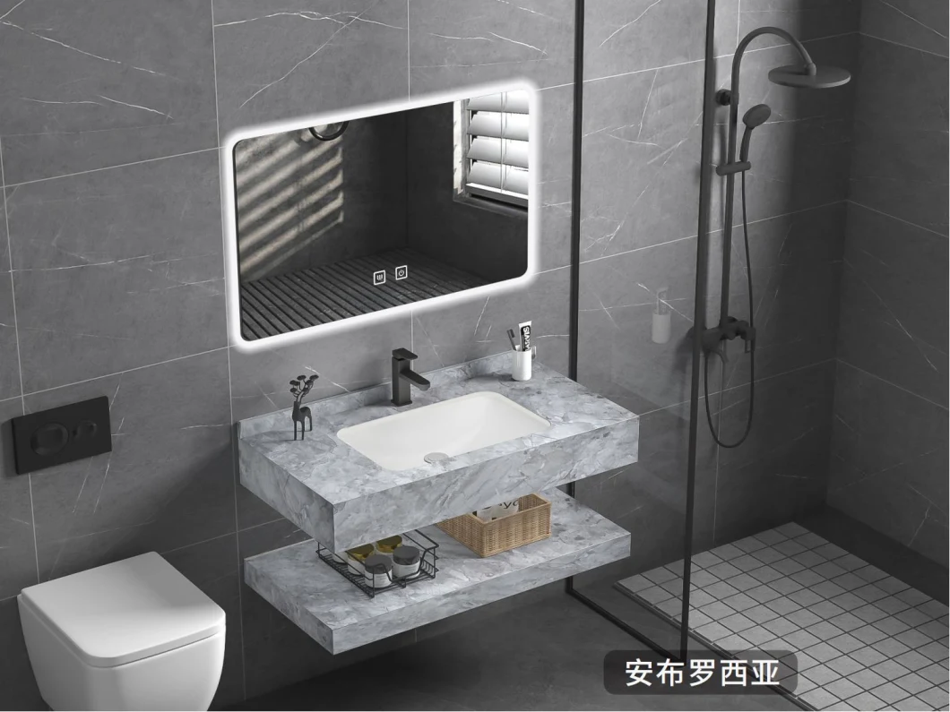 New Design Manufacturer OEM Style LED Mirror Bathroom Furniture Cabinet Vanities Furniture with Rock Plate Basin