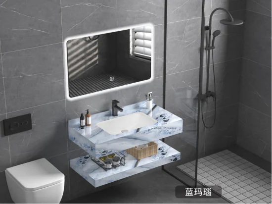 Nuevo diseño Fabricante OEM Estilo LED Espejo Muebles de baño Gabinete Tocadores Muebles con lavabo de placa de roca
